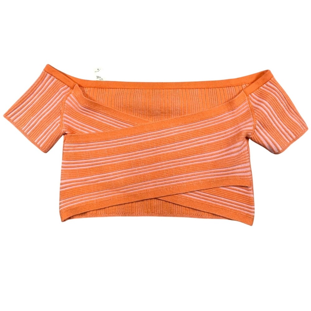 NWT Aerie Womens XXL Orange Pink Ribbed Wrap Front Off Shoulder Crop Top